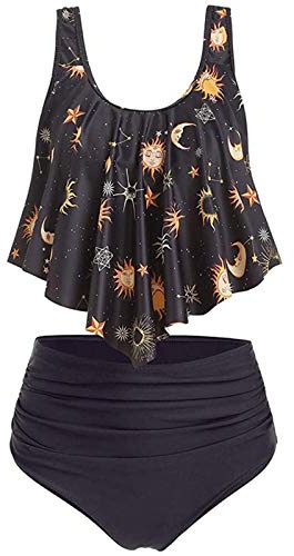 JMSUN Mujer Sun Stars Moon Flounce Traje de baño Tankini de Talle Alto - Negro - X-Large