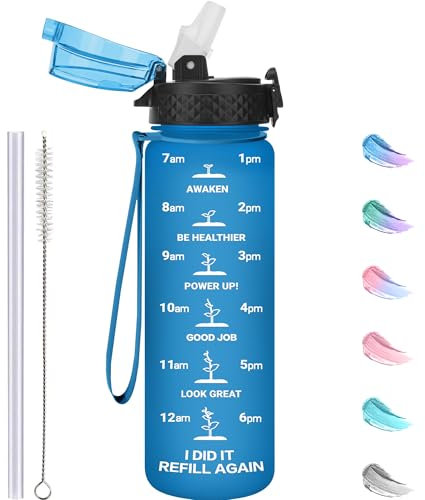 GOPPUS 500ml/17oz Botellas de Agua para Niños con Pajita sin BPA Botella de Bebidas a Prueba de Fugas para la Escuela Tritan Botella de Agua Deportiva Reutilizable Pequeños con Marcas de Tiempo