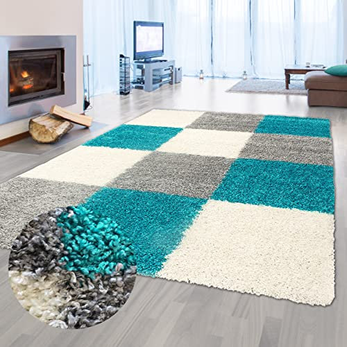Flauschiger Shaggy-Teppich Hochflor mit Karomuster in türkis grau Creme 200x290cm