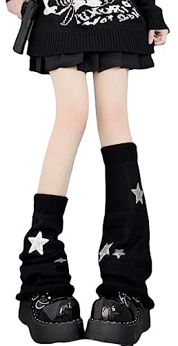 Attria Y2k stjärnmönster stickade benvärmare strumpor punk japansk Kawaii streetwear benskydd för kvinnor knähöga benstrumpor, Svart, one size
