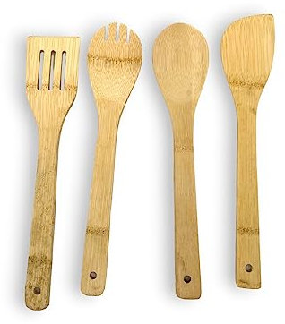 Set 5 Accessori da Cucina Mestoli in bambù, con barattolo Portamestoli, Cucchiai, Mestolo, Paletta, Forchetta, Marrone Chiaro, Bamboo, Marroncino, H x D: 22.5 x 8.5 cm ca