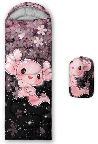 QOOMO Axolotl Cherry Blossom Printed Camping Sleeping Bags,3 Season Warm & Cool Weather,Lightweight,Waterproof Sleeping Bags for Adults & Kids,Traveling,and Outdoors,Camping Gear Equipment,31x90inch