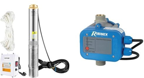 VEVOR Pompe Immergée pour Puits 110 L/min 44 m Pompe à Eau Profond en Acier Inox, Électrique 370 W & RIBILAND - Interrupteur automatique ACQUACONTROL +