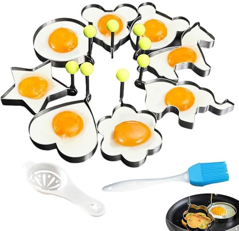 Stainless Steel Fried Egg Shaper Pancake Mold, 8 Pcs Omelette Molds, 8 Shapes Non-stick Omelet Form Maker with Handle for Sandwich Burgers Pancake