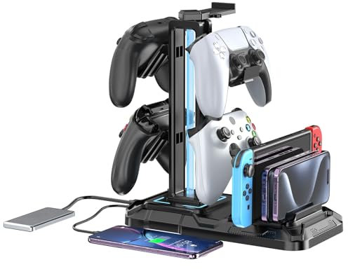 KDD Soporte Cascos Gaming con Ranuras para Teléfono -Soporte Mando con 9 Modos de Luz - Porta Auriculares Mesa con Puertos de Carga USB para Almacenamiento para Juegos Accesorios Gaming PC, Blanco