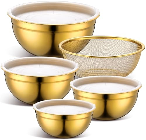 Teenyyou Gold Mixing Bowls with Airtight Lids Stainless Steel Mixing Bowl Set of 5, 4 Metal Nesting Organizers 4 in 1 Colander Non-slip Bottom Size 1.5, 2.0, 2.5, 4.0 Qt for Baking Serving Food