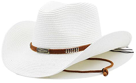 Cowboyhut Unisex Strohhut Westernhut Cowgirlhut Stroh Panamahüte Sommerhut Sonnenhut Piratenhut Strandhut Fischerhut für Damen Herren Erwachsener (DE/NL/SE/PL, Alphanumerisch, Einheitsgröße, Weiß)
