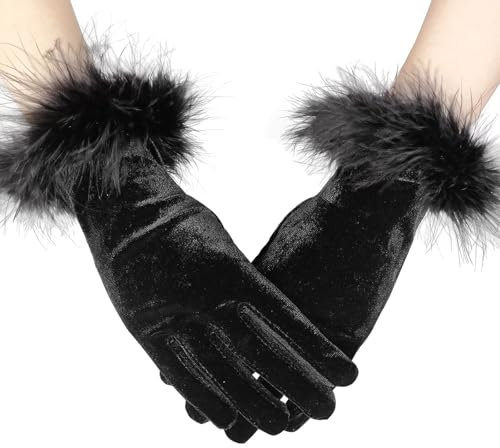 EUPSIIU Black Opera Gloves Velvet Gloves with Furry Cuff, 1920s Costume Evening Gloves Bridal Dance Fancy Dress Party Gloves Women Mittens Wedding Prom Gloves Ladies Classic Gloves (Black, One Size)