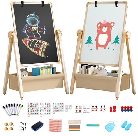 Kids Easel Double-Sided Iron Art Easel with Paper Clip Foldable Drawing Board Height Adjustable Standing Easel 360° Rotatable Whiteboard Chalkboard with Letters Numbers for Boys Girls Toddlers