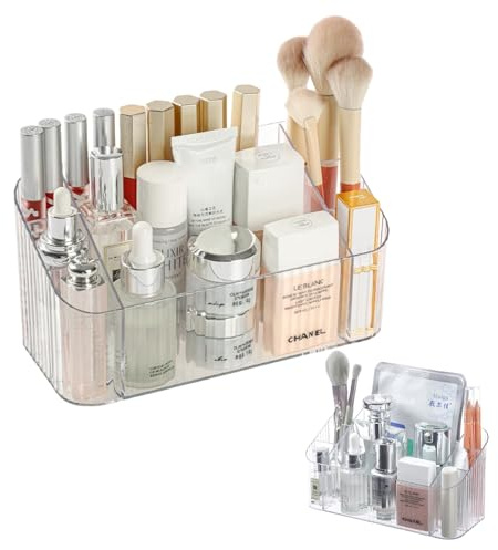 SLHEQING Organizador de Maquillaje, Porta Brochas Maquillaje con 7 Compartimentos, Almacenamiento de Cosméticos para Tocador, Organizador Baño para Pinceles, Pintalabios (Transparente 2 Unidad)