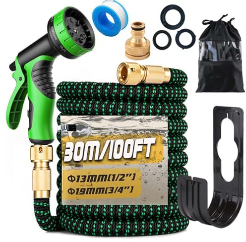 Gziztx 100FT/30M Expandable Garden Hose Flexible Magic Garden Hose Pipe with 3/4 1/2 Fittings, 10 Function Spray Nozzle, 3-Layer Latex Tube (Black+Green)