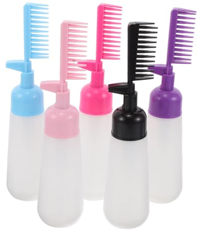 FIXOSHEE 5pcs Hair Dye Oil Applicator Bottles with Comb Tips Dual-function Hair Coloring and Washing Bottles for Home Salon Use Black Blue Red Purple Pink