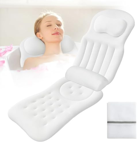 Zenselect helkropps-badkarskudde för badkaret, bubbelmatta för badkar med nackstöd och ländryggsstöd, badsoffa badkarskudde med sugkoppar och hängkrokar (vit)