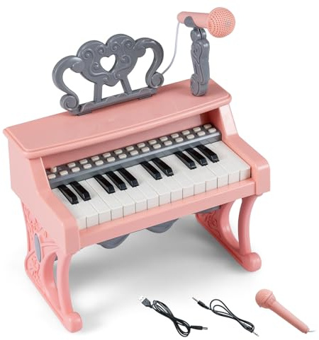 COSTWAY Clavier Piano Enfant 25 Touches avec Microphone et Pupitre, Piano Numérique avec Pieds Détachables et Haut-parleurs, 6 Sons, 6 Rythmes, 22 Démos, Instrument de Musique Portable pour 3 Ans+