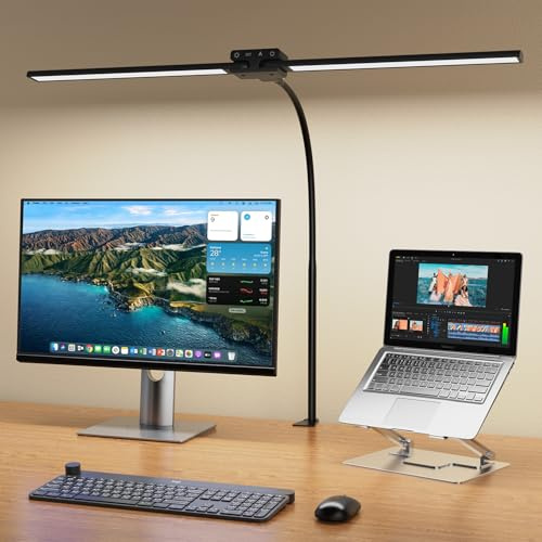 KableRika Lampe de Bureau LED Double Tête Dimmable 24W 80CM 1200lm Noir | Avec Pince et Col de Cygne, 4 Températures Couleur + 4 Niveaux Luminosité, Protection Oculaire, Pour Bureau et Écrans