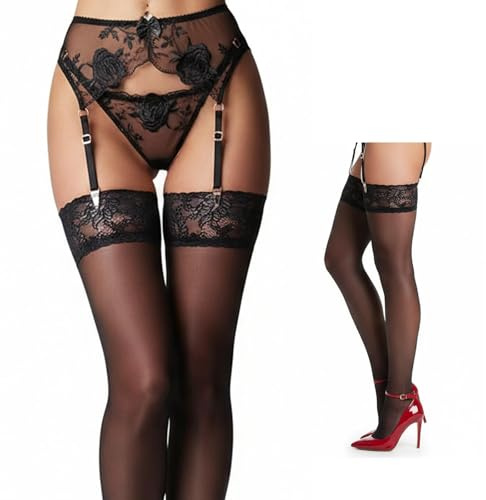 1 Set Suspenders Belt for Stockings with Adjustable Straps Sheer Pantyhose Thong and Floral Embroidery for Women Sexy Lingerie Tights Black (UK, Alpha, L, XL, Regular, Regular, Standard, Black)