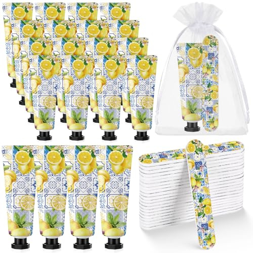 Landhoow 24 Sets Capri Lemon Hand Cream and Nail File Gift Bulk Lemon Party Favors for Guests Travel Size Thank You Gifts Set Bridal Baby Shower Wedding Decoration Souvenir for Winner Guests
