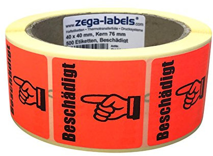 Warnetiketten auf Rolle - Beschädigt - 500 Stück je Rolle - 40 x 40 mm - Leuchtrot Haftpapier stark haftend - Versandaufkleber zur Qualitätssicherung für beschädigte oder defekte Produkte