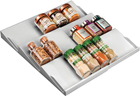 mDesign Schubladen Organizer für Gewürze – von 20 cm bis 36,8 cm ausziehbares Gewürzregal für die Küchenschublade – Küchen Organizer mit drei Ebenen für Gewürzgläser– grau