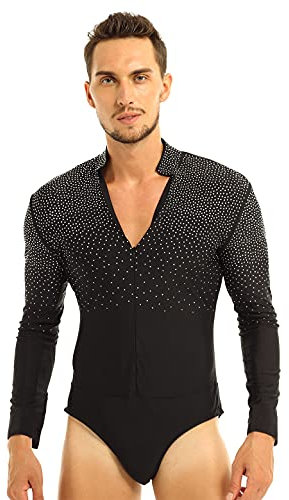 inhzoy Männer Bodysuit Langarm Glänzend Strass Hemd Body MIt V-Ausschnitt Latin Modern Dance Shirt Wettbewerb Performance Tanzkostüm Schwarz M