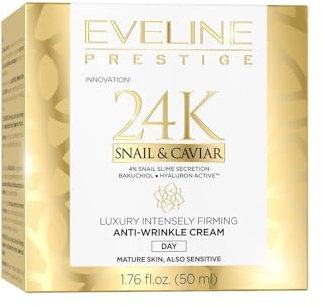 Eveline Cosmetics Prestige 24k Crema facial antiarrugas de caracol y caviar | 50 ml | Crema de día antienvejecimiento para pieles maduras y sensibles | Piel suave y flexible