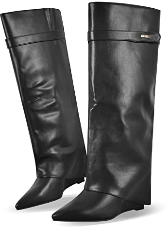 LISHAN Women's Slouchy High Heels Wedge Boots Knee High Pointed Closed Toe Fold Down Pull On Under The Knee High Boots Solid Color Pant Boots Dress Party Dancing Heels Shoes Black Size 13