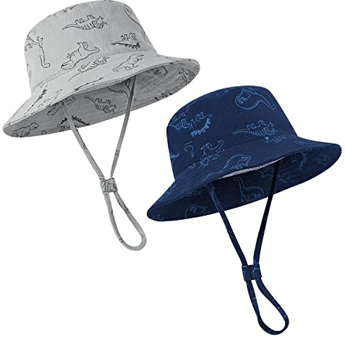 Baby Boy Sun Hat, Summer Beach UPF 50+ Sun Protection Hats, Toddler Kids Wide Brim Sun Hats Cap（0-6 Months Gray & Navy -2pcs