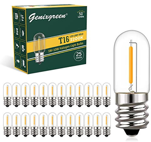 Lampadine a LED E14 bianco caldo 1W Genixgreen T16 Mini Lampadina Tubolare Equivalente 10W, Lampada Frigorifero 2200K Luce Notturna Lampadina Per Lampade da Tavolo Sale, 50Lm, Non Dimmerabile,25 Pezzi