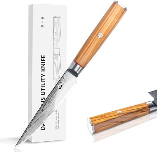 FUJUNI Coltello Multiuso Cucina Professionale Damasco, Coltello Universale 12,5CM - 67 Strati VG10 Acciaio al Carbonio Alto -Coltello per Frutta e Verdura con Manico in Legno d'Ulivo