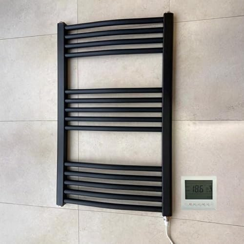 Greened House Black Electric Heated Towel Rail 500mm W x 800mm H + Timer