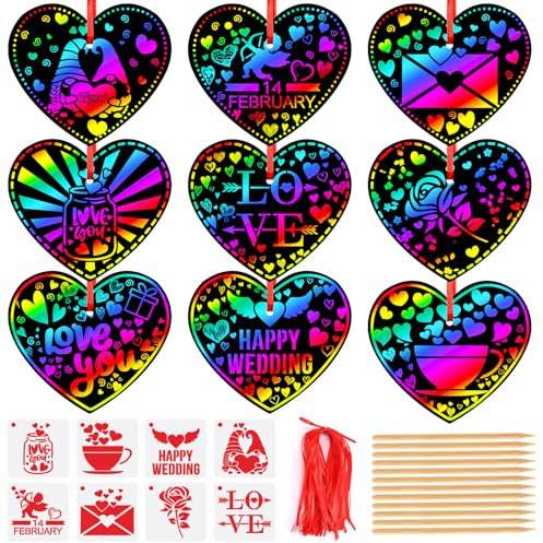 JULMELON Herz Kratzbilder Bastelset, 48 Stück Herz Kratzbilder für Kinder Regenbogen Herz Kratzpapier Anhänger Muttertag Kratzbilder Ornaments für Party Deko