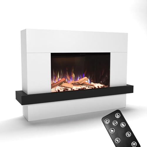 GLOW FIRE Stufa a camino PR9 con fiamme LED 3D E-Motion realistiche - Caminetto elettrico da terra con riscaldamento, fuoco da camino, timer, max 1500 W, 150x100x37 cm, Bianco
