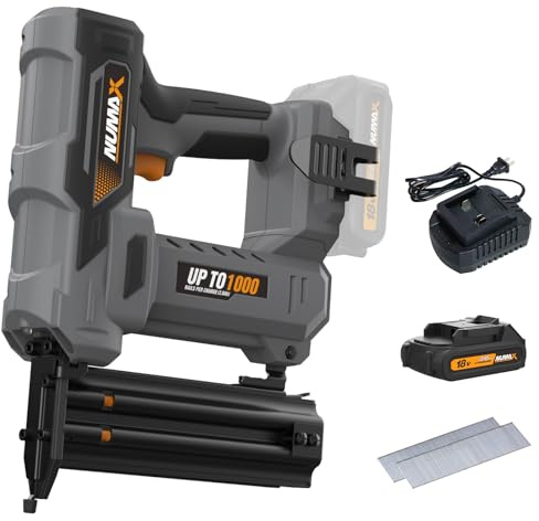 NuMax 18V Cordless Brad Nailer,18 Gauge Brad Nail Gun with Battery, Charger & 500 Nails | Drives 1000 Shots Per Charge | Compatible with 3/8–2 Brad Nails | S18VBR50