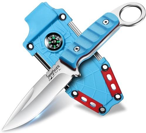 Japaknives Survival Messer Full Tang Outdoor Jagdmesser Feststehende Klinge 9cm EDC Messer mit Vielseitig Kydex Scheide Bushcraft Messer Geschenk für Männer Blaue