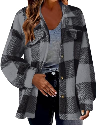 Chanpning Veste Chemise Polaire Femme Chemisier En Flanelle Carreaux Surchemise Manches Longues Automne Hiver Blouse Manteau Polaire Chaude Oversized Décontracté Chemise Mode Bûcheron Veste
