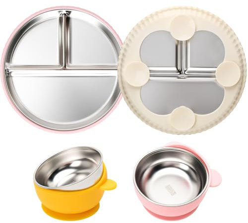 CLDY 2 Stück Edelstahl Babyteller mit Saugnapf + 2 Stück Breischale Baby schüssel, kinder geschirr set, Geteilte Standfeste Esslernteller Geteilte Teller - BPA-Frei - Auslaufsicher, spülmaschinenfest