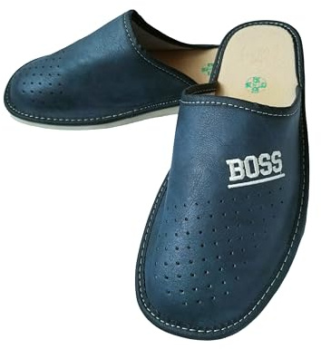 MARKA WYROBY WEŁNIANE - Pantuflas Hombre - Zapatillas Hombre - De Piel Con Plantilla De Cuero - Cerrado, Boss Texto - Pantuflas de casa, Punteras, azul, 43 EU