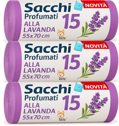 Akitaink - Sacchi spazzatura con Manici - Profumati - 3 Rotoli 45 pz, Sacchi da 45L | Misure 55x70cm | Sacchetti per la Spazzatura di Qualità Premium (LAVANDA)