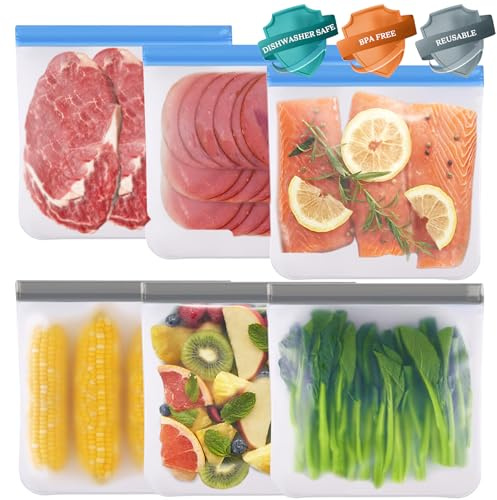 Reusable Zip Lock Bags Large, 6 PCS Gallon Silicone Freezer Bags Ziplock Sandwich Vegetable Bags Snack Bag, Plastic Leakproof Food Storage Pouches for Keeping Lunch, Snack, Fruit, Potato, Travel Items