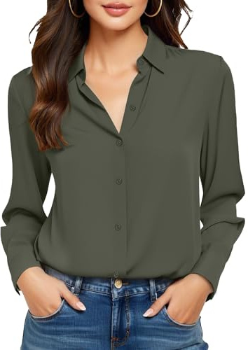 COUXILY Army Green Dress Shirts for Women Button Down Blouses Tops Olive Collared Women's Silk Blouse Long Sleeve Business Slim Fit Collar Wrinkle Free Formal Casual Work Army Green Size M