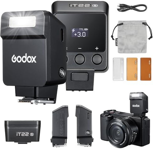 Godox iT22 S Mini Flash for Sony Camera Built-in 7.4V 300mAh Battery Manual/TTL Modes 700+ Flashes 1.5s Recycle Hot Shoe Flash with Diffuser/Color Filters Accessories for Sony zev10 ect