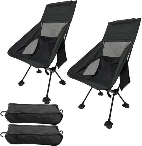2 PCS Folding Camping Chair, Lightweight and Quick to Install, with Headrest and Side Pockets, Storage Bag, 300-pound Weight Capacity, Suitable for Outdoor Hiking, Traveling, BBQ, Fishing (black)