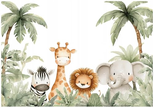 WallArena - Carta da parati fotografica per bambini - Animali della giungla 400x280 cm - Carta da parati fotografica - Per la cameretta dei bambini - Effetto 3D - con Colla - foresta bianca verde