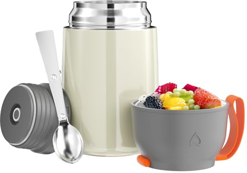 Noxtioanip Termos per Alimenti 650ml, Contenitore Termico per Alimenti Caldi, Portavivande Termico Acciaio Inossidabile con Cucchiaio Pieghevole, Isotermico Sottovuoto(Bianco)