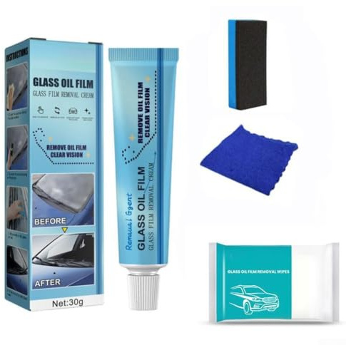 Zilimontt Removedor de película de aceite de vidrio para parabrisas de coche, potente pasta de limpieza para eliminar manchas de agua, alquitrán y grasa, incluye esponja, toalla y toallitas húmedas