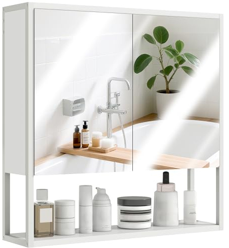 HOMCOM Specchio Bagno Contenitore a Parete con Soft Close, Mobile Bagno con Specchio, Mensola Regolabile e Ripiano Aperto, Specchiera Bagno in Legno e Acciaio, 60x16x60 cm, Bianco