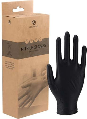 Essentialz Black Nitrile Disposable Gloves, Medium, Pack of 50, Latex-Free, Powder-Free, Food Safe, CE Certified, Extra Soft & Elastic for Cleaning, Cooking, Tattoo & Salon