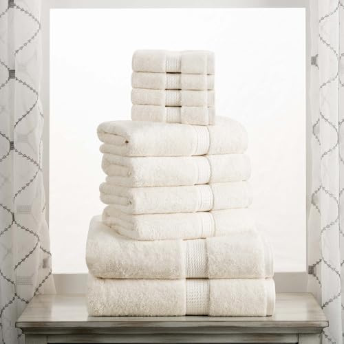 Superior Juego de Toallas de algodón Egipcio, 13 x 13 Pulgadas, Toallas de Mano 20 x 30 Pulgadas, Toallas de baño 30 x 55 Pulgadas, 800 g/m², 10 Piezas, Color Crema