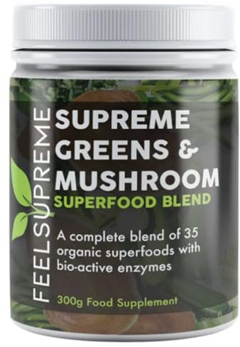 Feel Supreme - Super Greens Powder with Mushroom - 35 Nutrient Dense Superfoods, Natural, no Added Sugar - High in Fibre, Protein, Vitamin C, Spirulina - Greens Supplement, Mushroom Powder - 300g