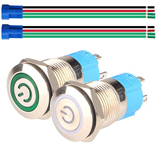 Gebildet 2pcs 12mm Autobloquant Interrupteur,Acier Inoxydable Verrouillage Bouton Interrupteur,Normalement Ouvert SPST 12V-24V 3A Interrupteur à Levier Étanche avec Fiche à Douille(Blanc+Vert)